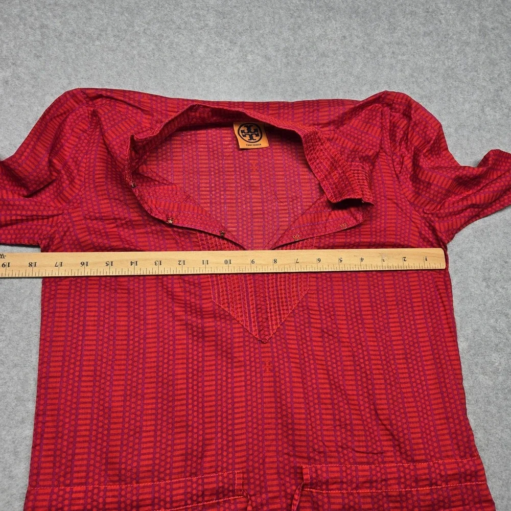 Tory Burch Dress Womens 2 Red Geometric Print Tunic Split Neck Waist Tie Boho‎